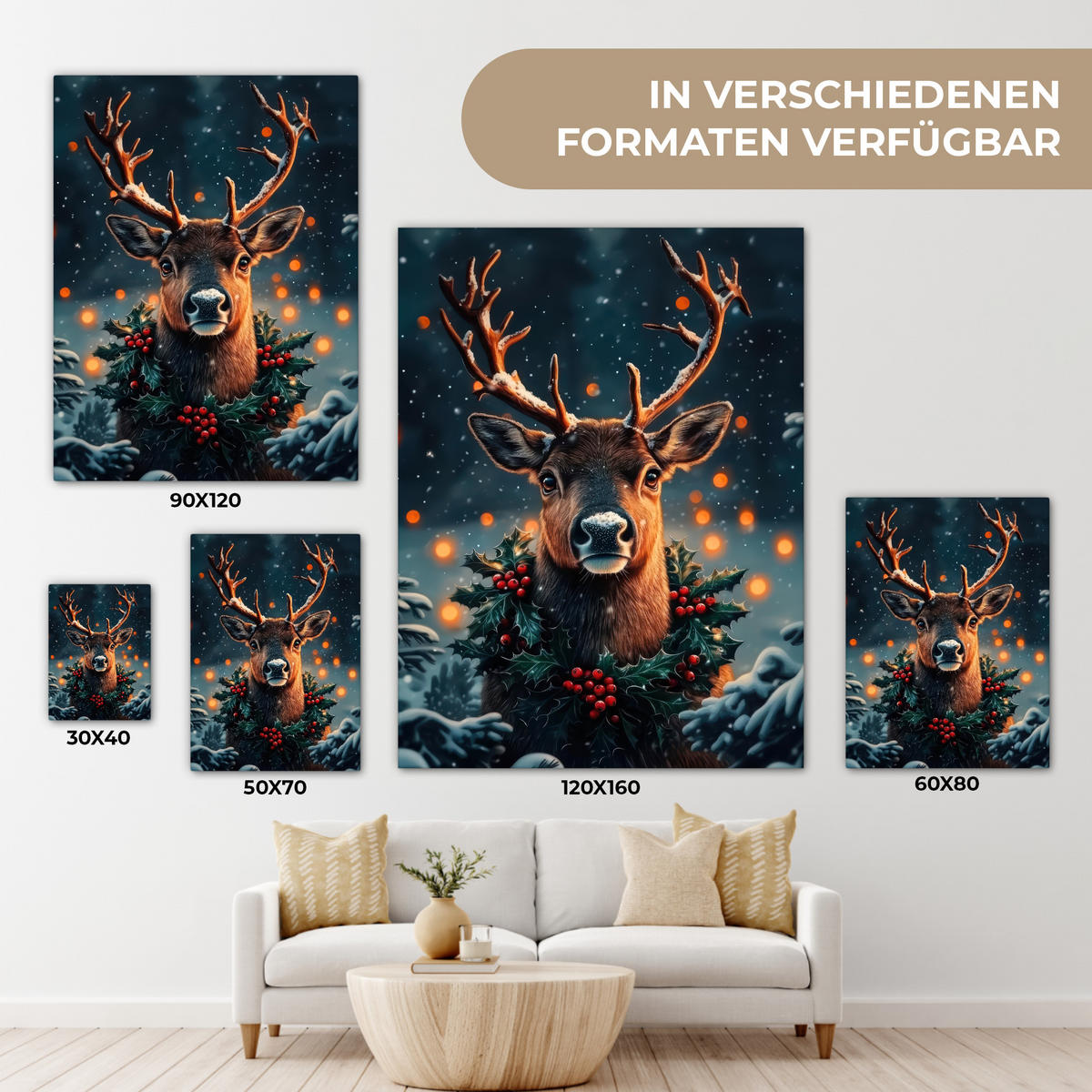 LEINWANDBILD Hirsch - Weihnachten - Winter - Schnee - Weihnachtskranz 60x80 cm - Dunkelbraun, Textil (60/80cm) - MuchoWow