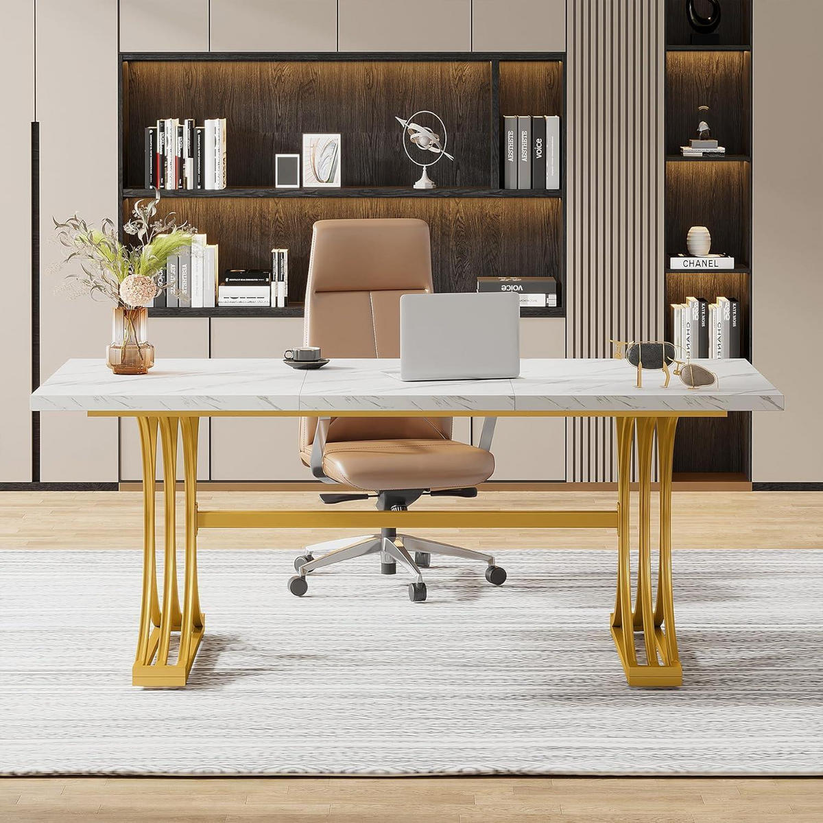 SCHREIBTISCH Computertisch Weiß & Gold 160 x 80 cm - Goldfarben, Metall (80/160/75cm)