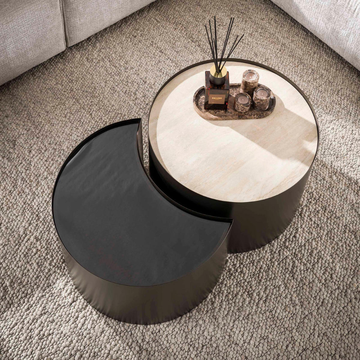 COUCHTISCH-SET VITTORIO MEZZALUNA Halbmond-Satztische - Beige/Schwarz, Glas/Keramik (61/61/41cm) - alesvelt