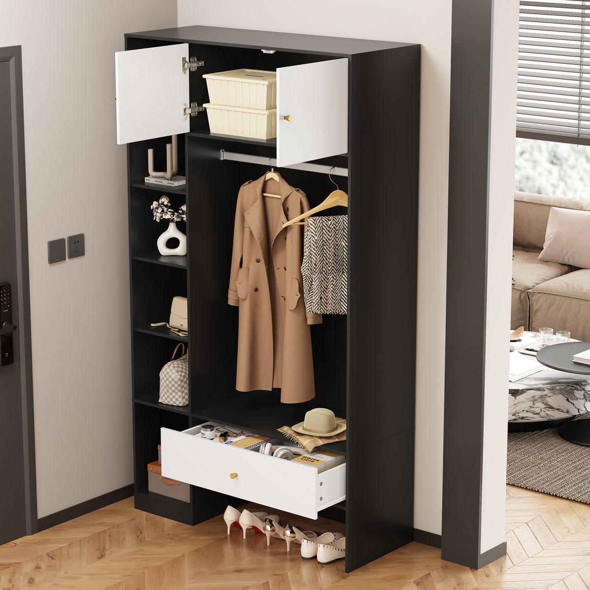 GARDEROBENSET Kompakt Schwarz Weiß 105x40x185cm - Multicolor, Holzwerkstoff (40/185/105cm) - FLIEKS