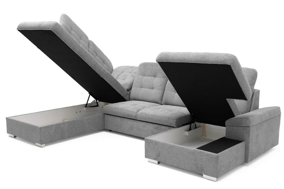 ECKSOFA U-Form OLIVIA U Links mit Schlaffunktion 124x257 Velours Hellgrau - Silberfarben/Hellgrau, Holz/Kunststoff (320/103/202cm) - Muffo