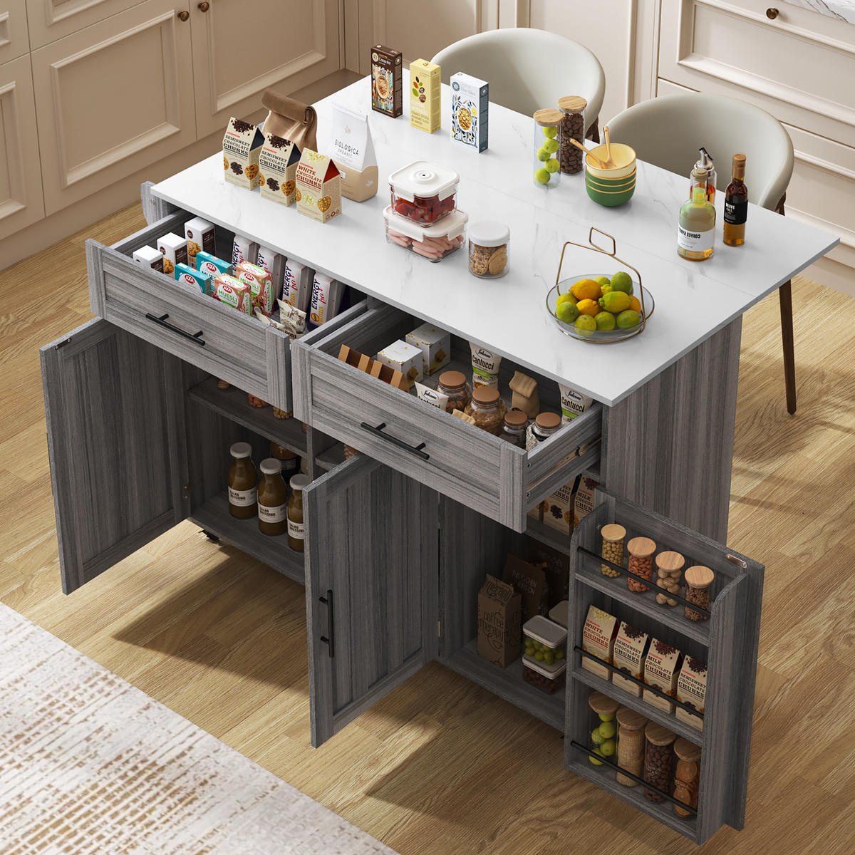 KÜCHENINSEL 129/91,5/46 cm Grau/Weiß aus MDF mit klappbarer Tischplatte - Grau, Holzwerkstoff (46/91.5/129cm) - OKMYHOME