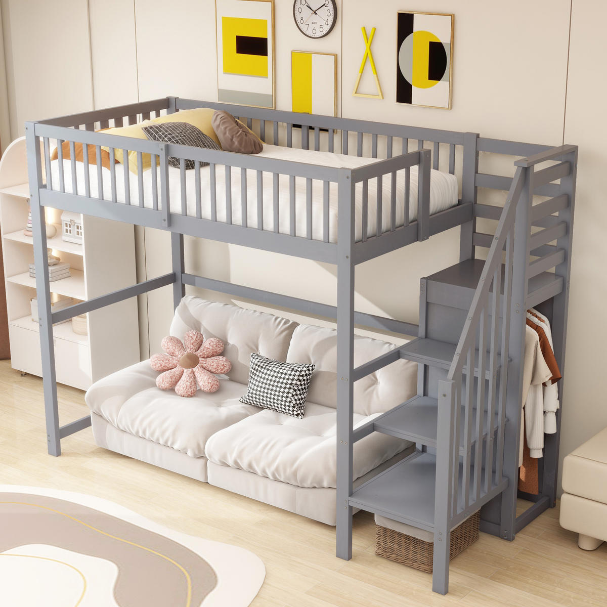 KINDERBETT aus Holz 90x200 cm in Grau mit Treppe & Kleiderschrank - Grau, Holz (90/200cm) - Modfu