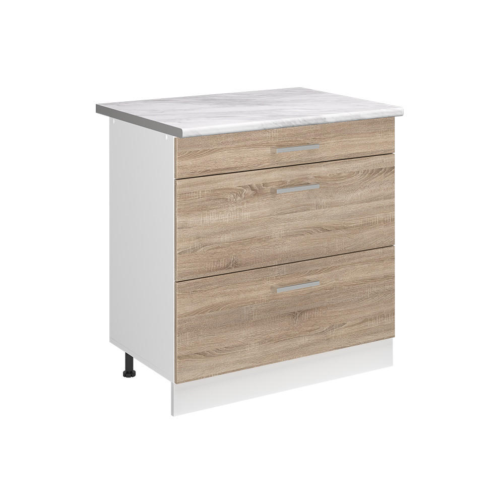 KUCHYNSKÁ SPODNÁ SKRINKA R-Line, Sonoma/biely, 80 cm s 3 zásuvkami Marmori työtaso - biela/dub sonoma, kompozitné drevo (80/81.6/60cm) - Vicco
