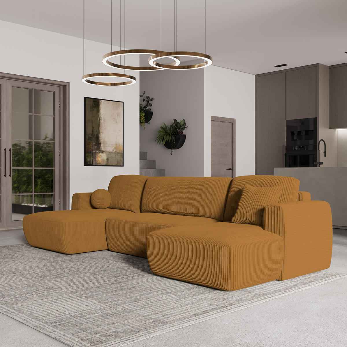 WOHNLANDSCHAFT SENTUM P Gelb Kordstoff mit Schlaffunktion - Gelb, Holz (330/90/148cm) - MASSENO