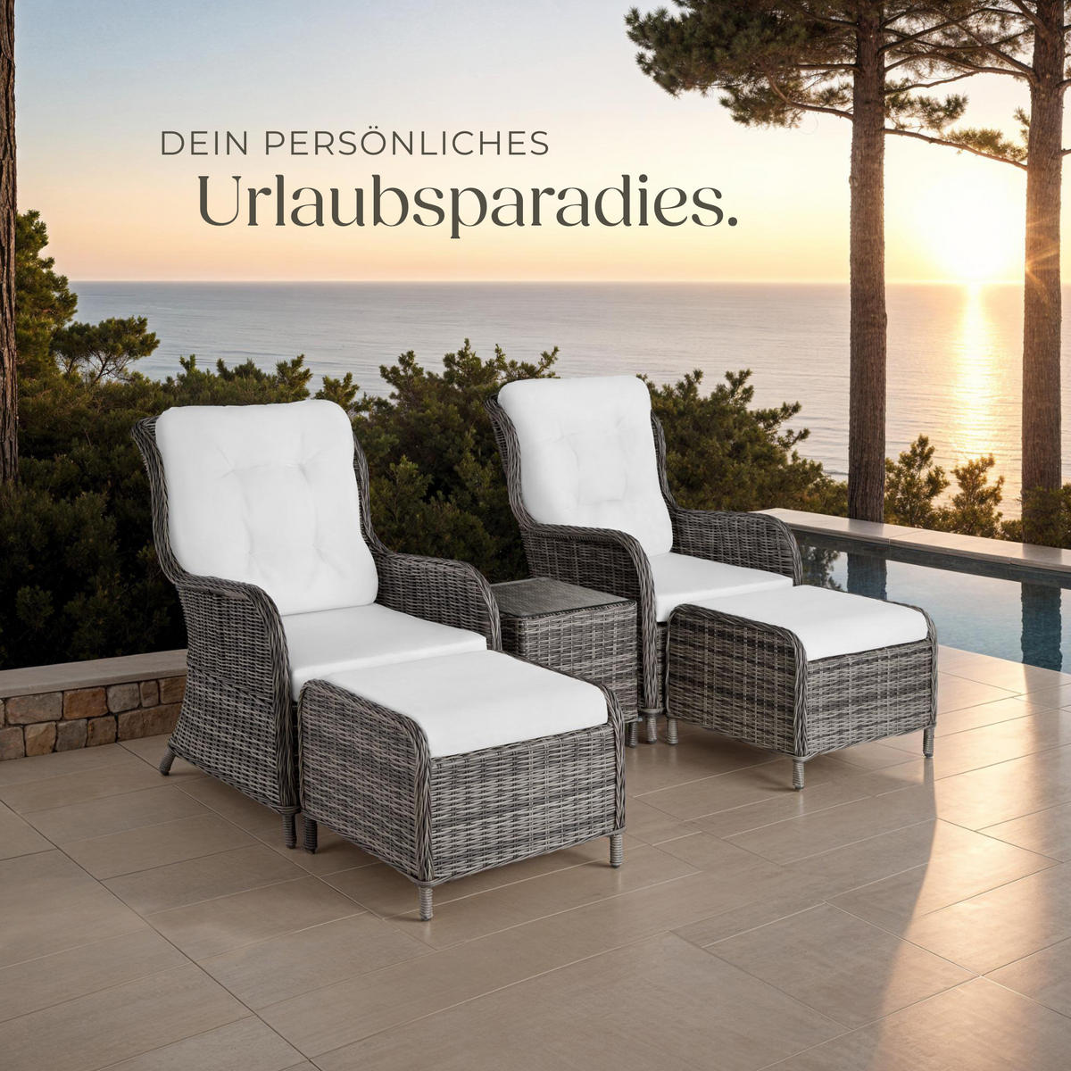 RATTAN SITZGRUPPE Benissa,mit Sicherheitsglasplatte,grau - Weiß/Grau, Kunststoff - tectake