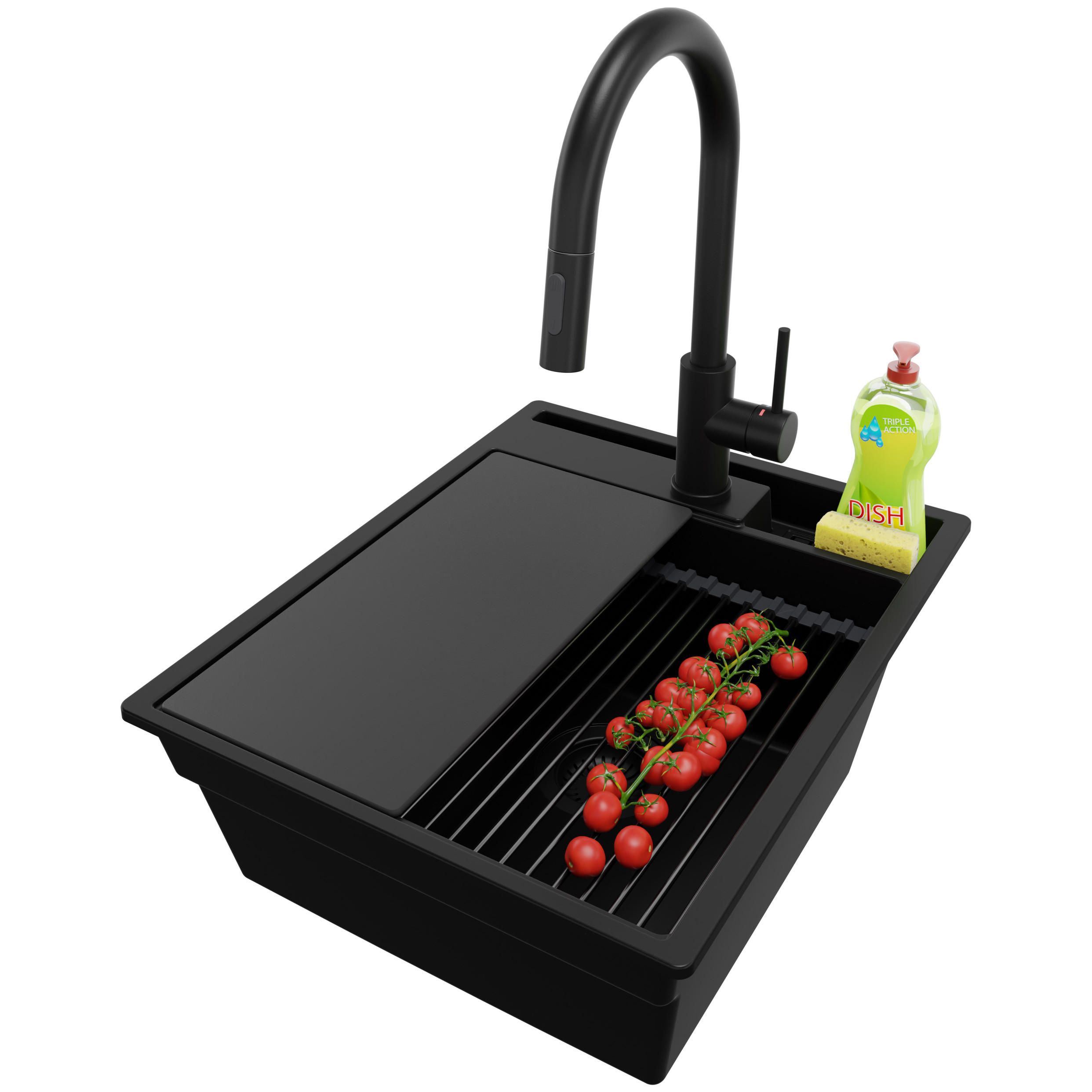 GRANITSPÜLE Oslo Pocket, 2-er set Alles Schwarz 43/53 cm 1 Becken + Küchenarmatur 40/20 cm + Ablauf-Set + Küchenzubehörset ab 45er Unterschrank - Schwarz, Kunststoff (43/20/53cm) - Primagran