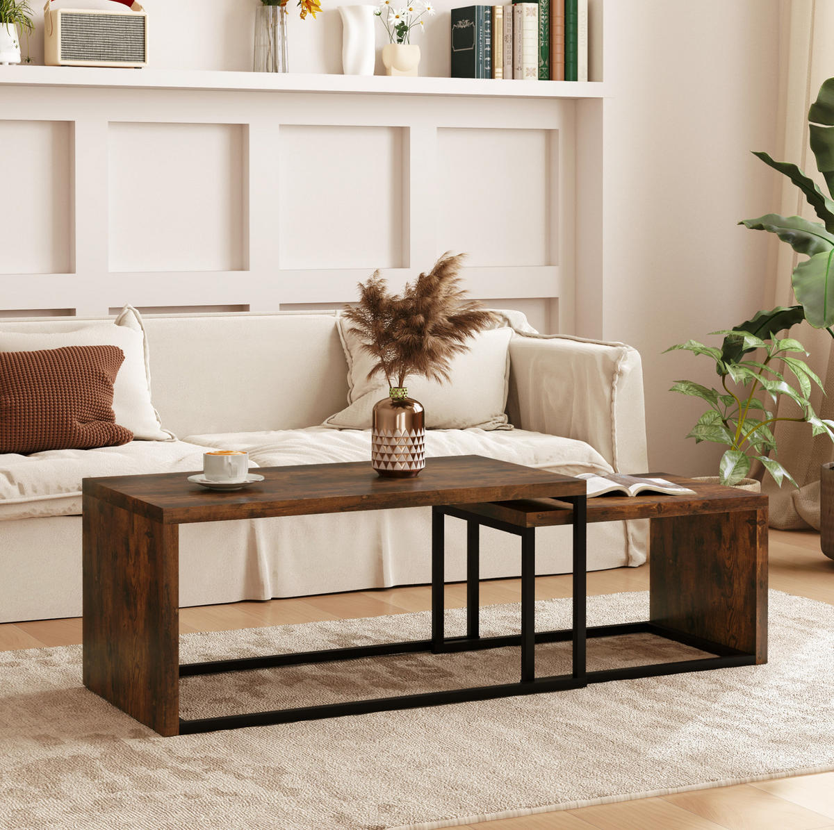 COUCHTISCH-SET 90/48/42 cm & 59/42/36 cm aus Holzwerkstoff mit Metallgestell - Braun, Holz (90/48/42cm) - Flora Grace