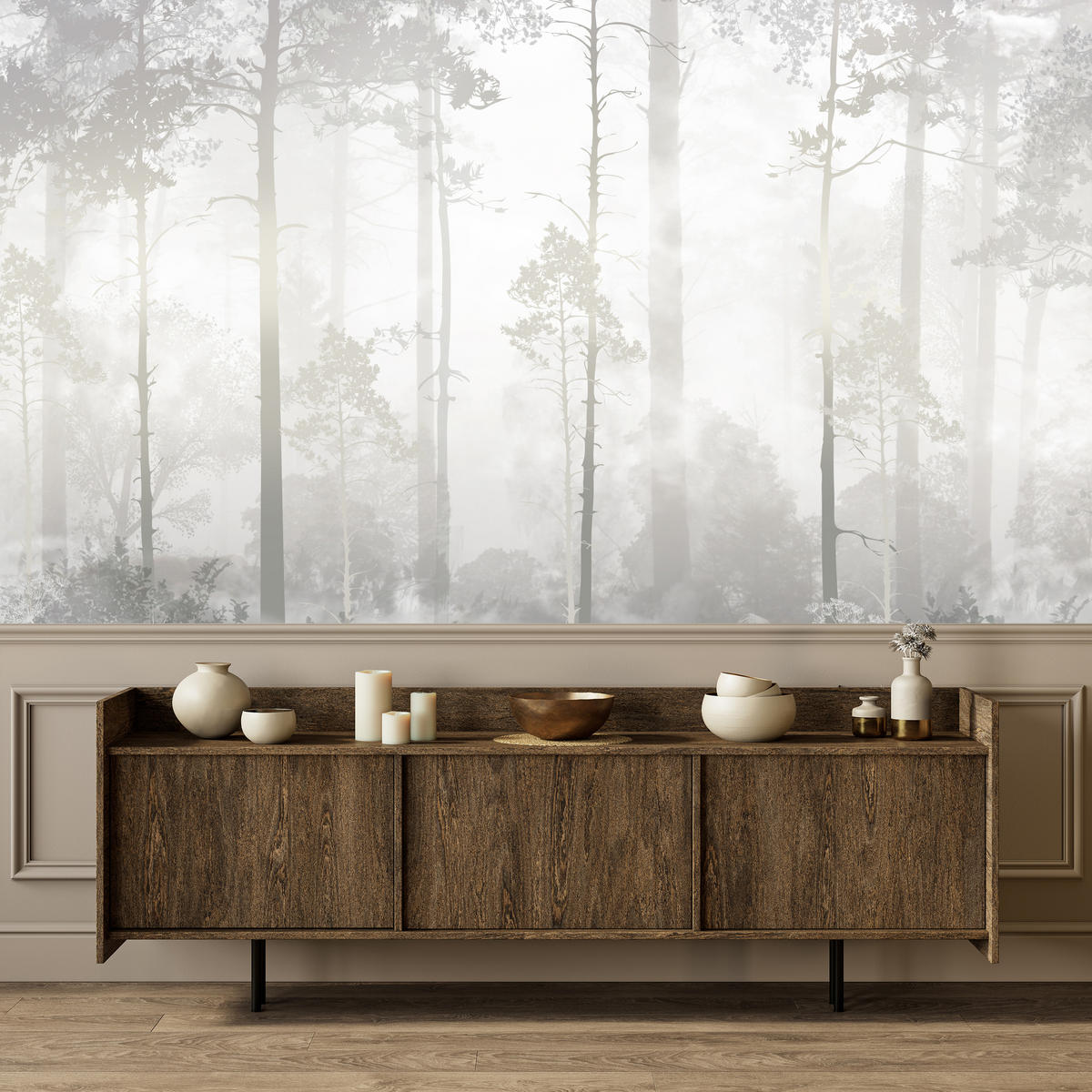 FOTOTAPETE für Schlafzimmer Nebliger Wald Bäume Sträucher Mystik 300x210 - Beige/Weiß, Papier (300/210cm) - Muralo