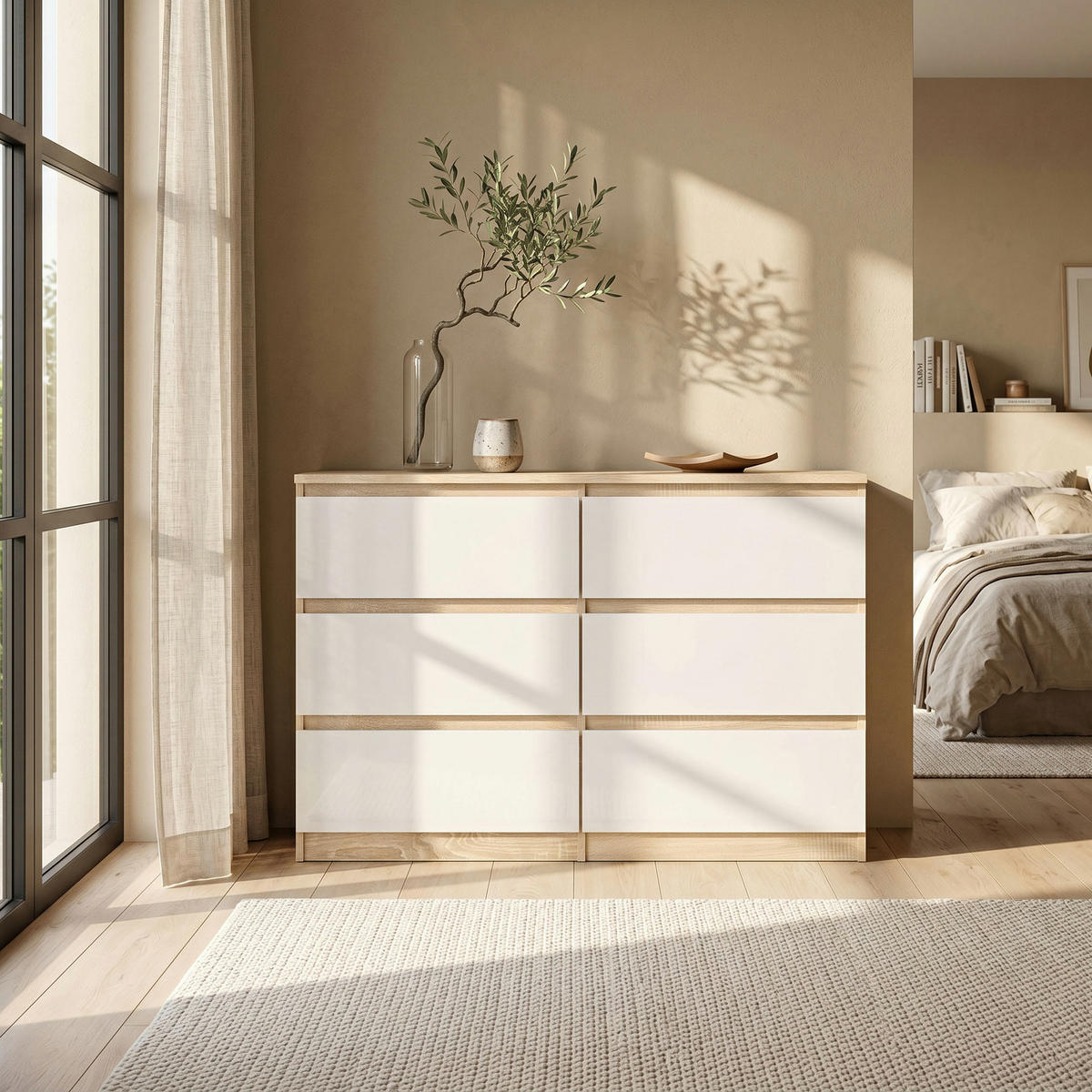 KOMMODE NUDO 120/78,5/39cm mit 6 Schubladen Türen Sonoma Eiche - Weiß/Sonoma Eiche, Holzwerkstoff (120/78.5/39cm) - MASSENO