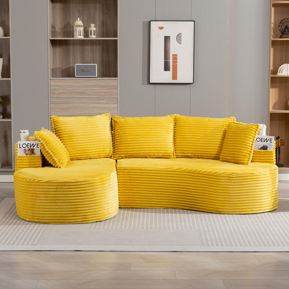 ECKSOFA Cord Senfgelb mit Getränkehaltern, Seitentaschen und Kissen - Gelb, Textil (250/152cm) - WISHDOR