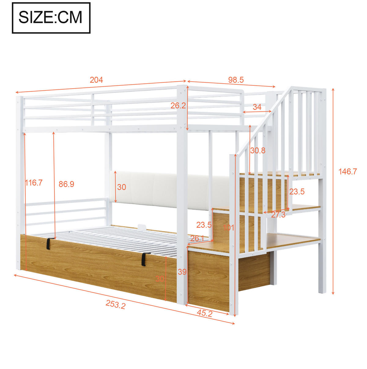 VISOKI krevet 90/200 cm s hidrauličnim spremištem, stepenicama s pretincima i visokim zaštitnim ogradama, Bijeli - bijela, metal (90/200cm) - Redom