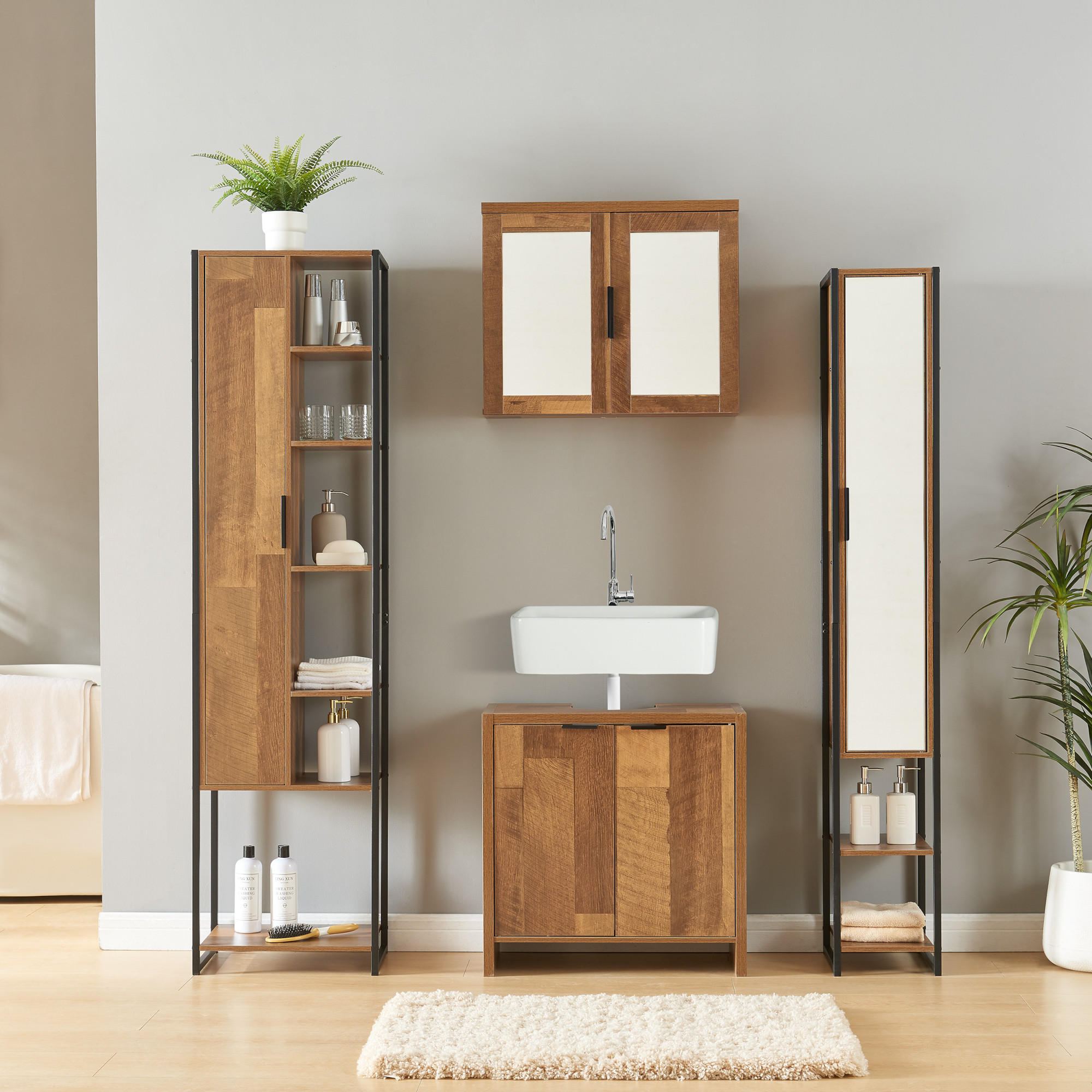 Thumbnail - [en.casa] Badmöbel-Set, Walnuss, Schwarz, Metall, 42.5x165x30 cm, Badezimmer, Badmöbelsets & Badmöbelserien, Badmöbel-Se...
