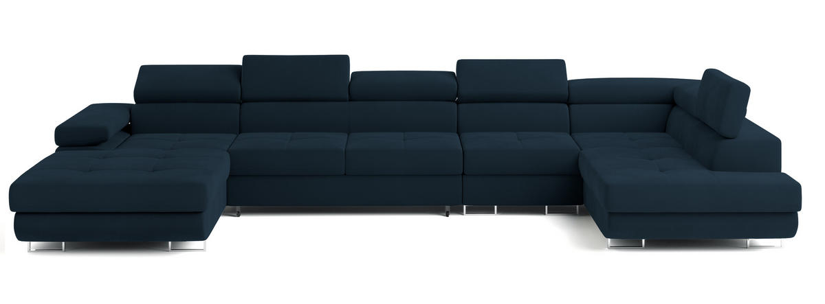 WOHNLANDSCHAFT VELORA R-S Blau Velours-Stoff mit Schlaffunktion - Blau, Holz (419/90/202cm) - MASSENO