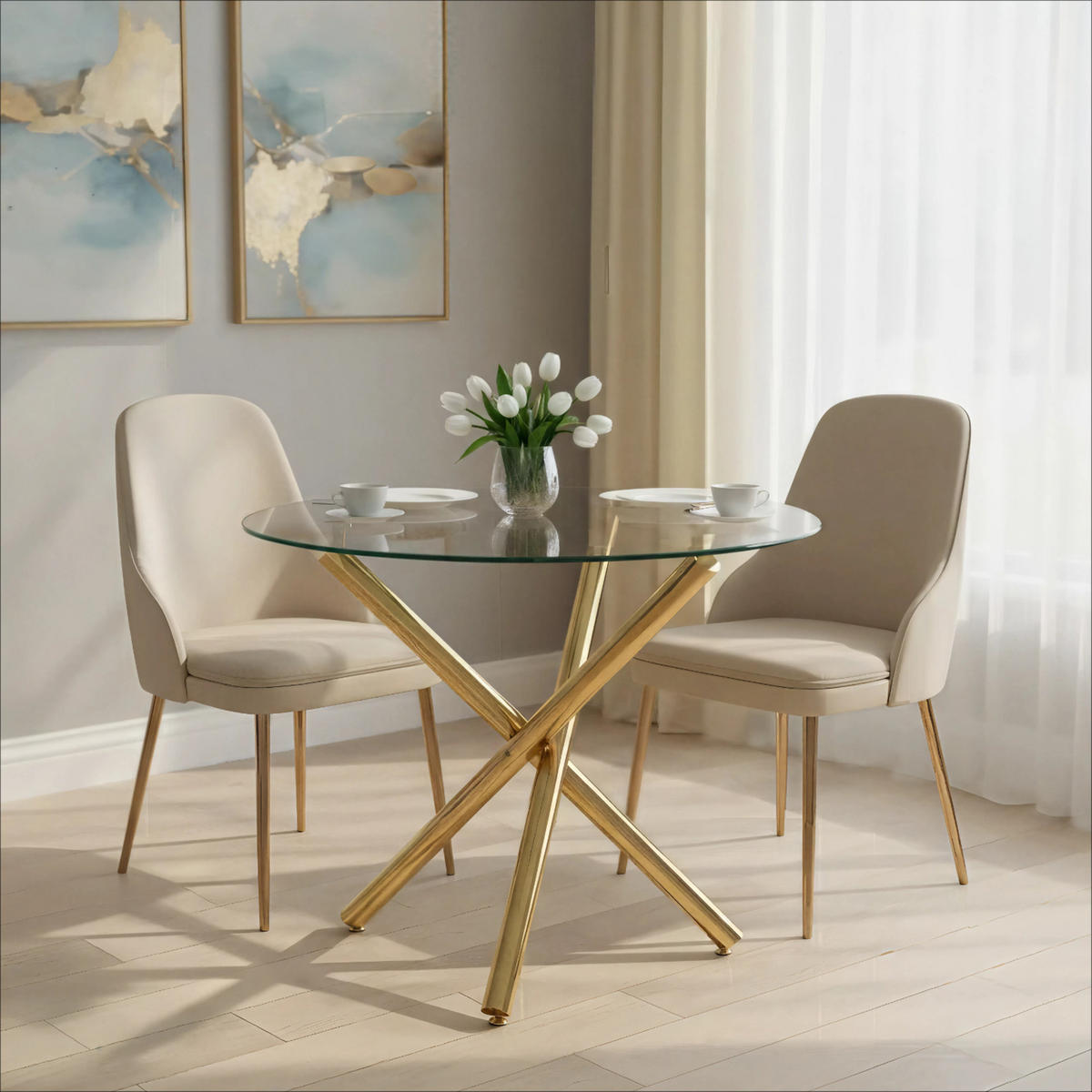 JÍDELNÍ STŮL zlatý s deskou z tvrzeného skla a kovovými nohami, moderní design, 80 × 80 × 76 cm - zlatá, kov/sklo (80/80/76cm) - STILVORA