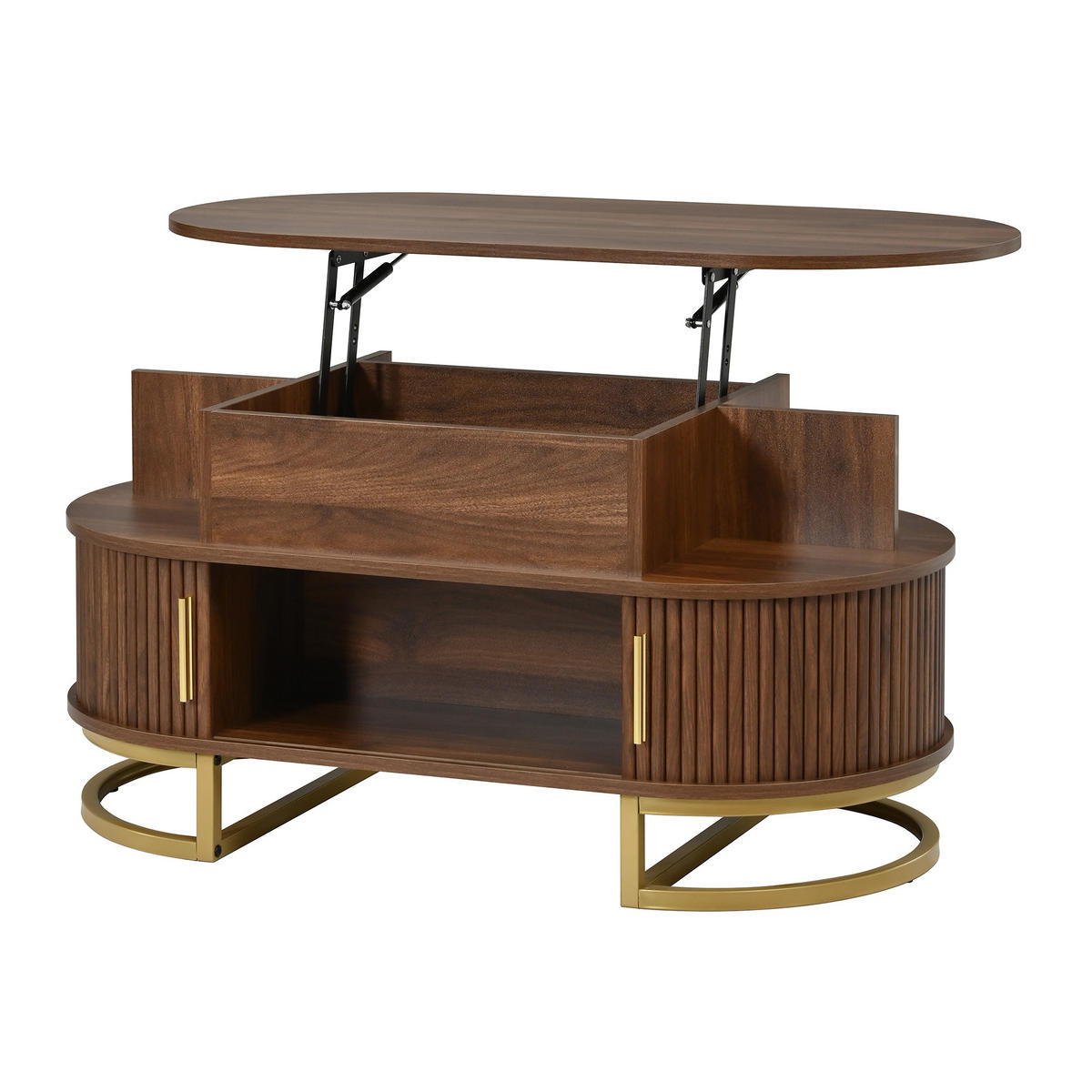 COUCHTISCH 100/50/64 cm, Nussbaum, höhenverstellbar, mit Stauraum und Schiebetüren - Walnussfarben/Schwarz, Holzwerkstoff/Metall (50/100/64cm) - CHICFURN