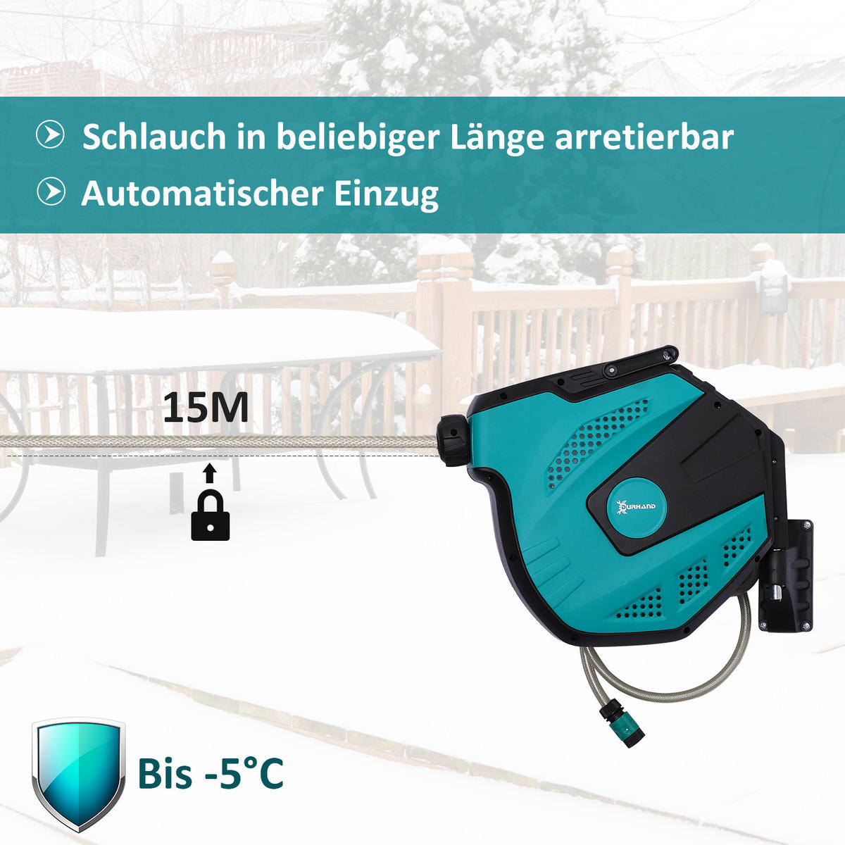 SCHLAUCHTROMMEL 180° schwenkbar mit Multibrause Grün + Schwarz 15 m - Grün, Kunststoff (225/41/44cm) - DURHAND
