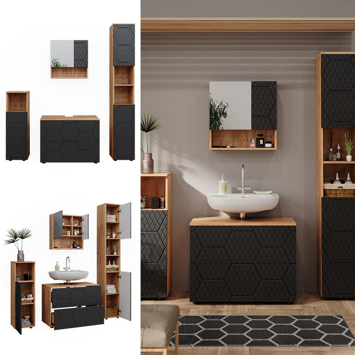 BADMÖBEL-SET Irma Anthrazit gestreift 4 Teile - Honigeiche/Anthrazit, Holzwerkstoff (80/58/41cm) - Vicco