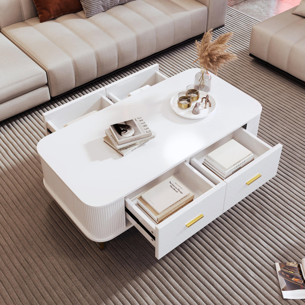 COUCHTISCH Gold Griffe Beine Geschwungene Ecken Wellenseiten Schubladen - Weiß, Holz (57.15/38.1/27.94cm) - FLIEKS