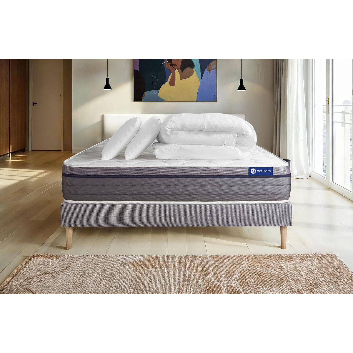 BETT Actimemo zen Memory-Schaum 140 x 190 cm h1 - Kit Bettgestell Grau - Mit Kissen und Bettdecke - Beige/Grau, Karton/Holz (140/190cm) - ACTISOM