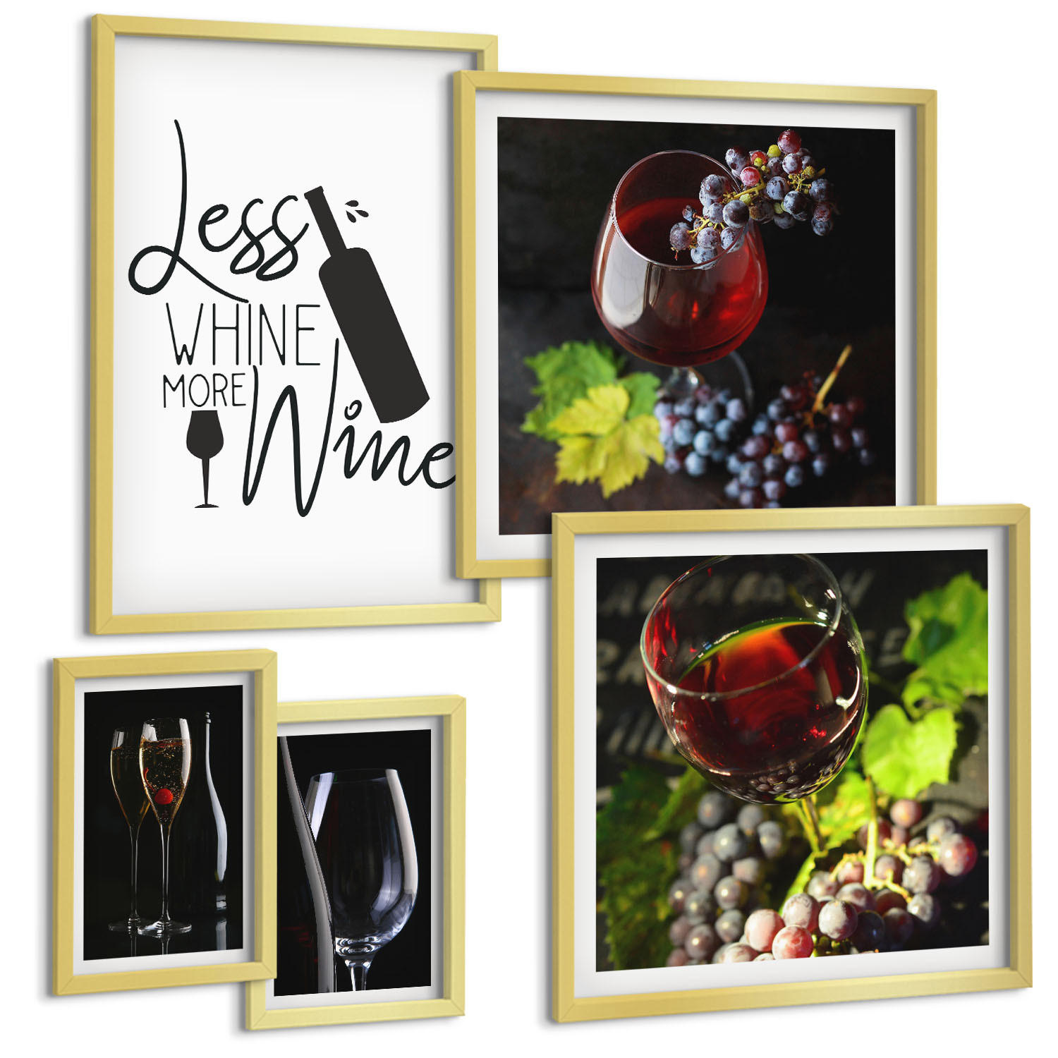 BILDER SET 5er Set - 50x50 cm & 20x30 cm & 40x60 cm Goldrahmen - Weingläser mit Trauben und Inschrift - Goldfarben, Kunststoff (40/60cm) - TULUP