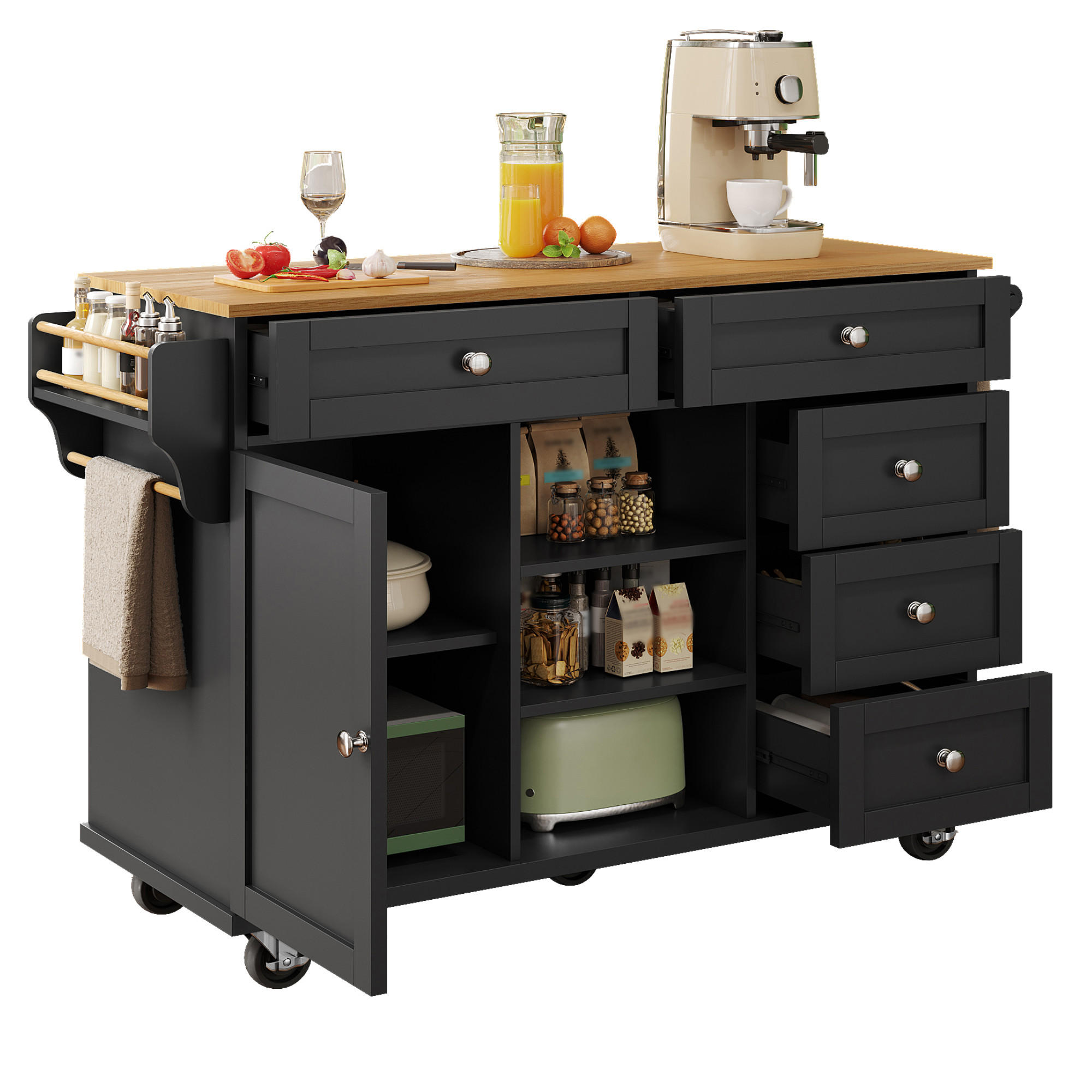KÜCHENWAGEN mit Rollen 134/46/92 cm Schwarz mit 5 Schubladen, Schrank und Gewürzregal - Schwarz, Holz/Holzwerkstoff (134/92/46cm) - Oxeza