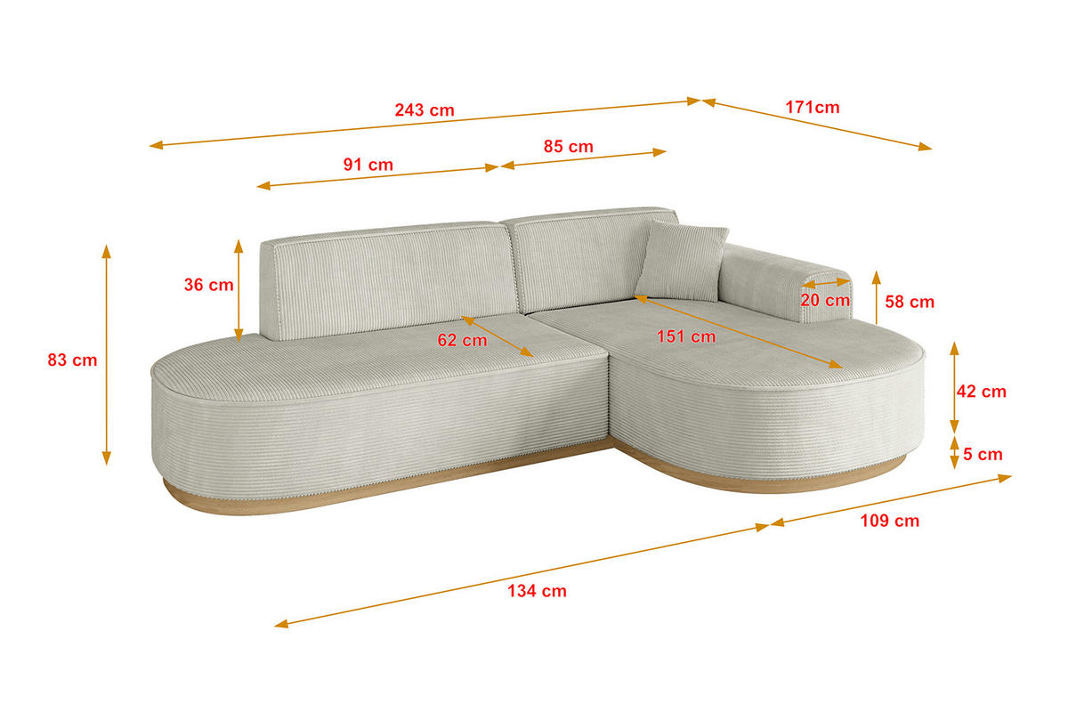 ECKSOFA Ottomane Rechts MARI-L1-v2 - 243x171x83 cm Hellgrau Cord - Hellgrau, Holzwerkstoff/Textil (171/243cm) - ALTDECOR