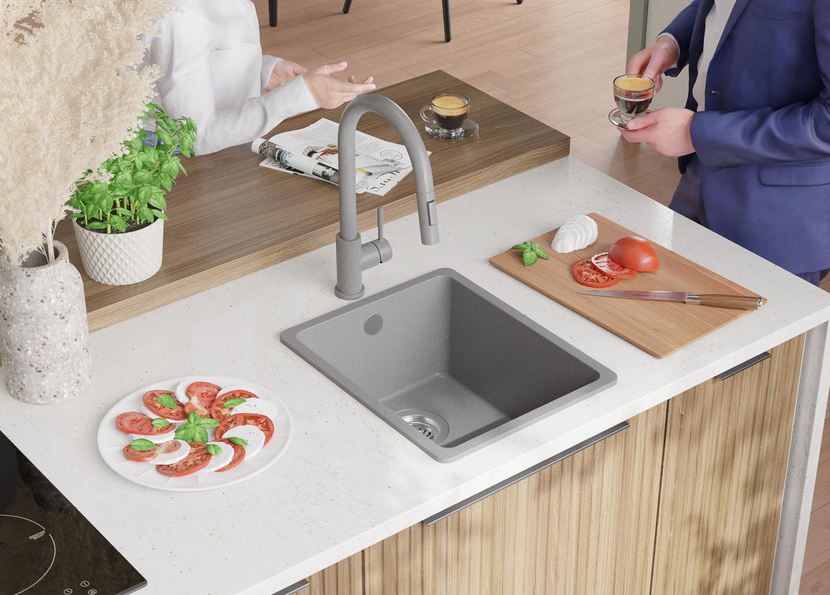 SPÜLBECKEN Venedig Slim Easy, 2-er set Grau 36/44 cm 1 Becken + Ablauf-Set ab 40er Unterschrank - Grau, Kunststoff (36/20/44cm) - Primagran