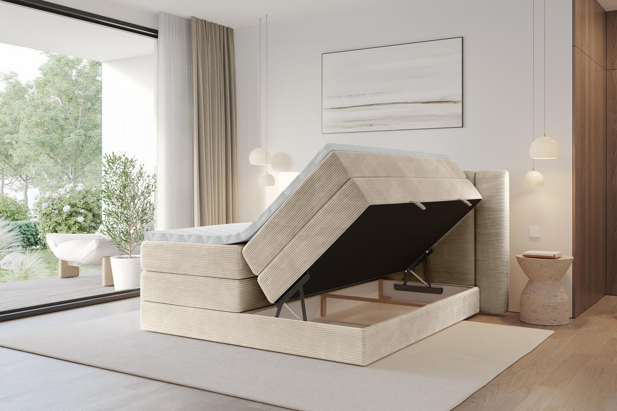 BOXSPRINGBETT mit Matratze H3/H4 - EVON KING - 140x200 cm Beige - Ecru, Holzwerkstoff (140/200cm) - ALTDECOR