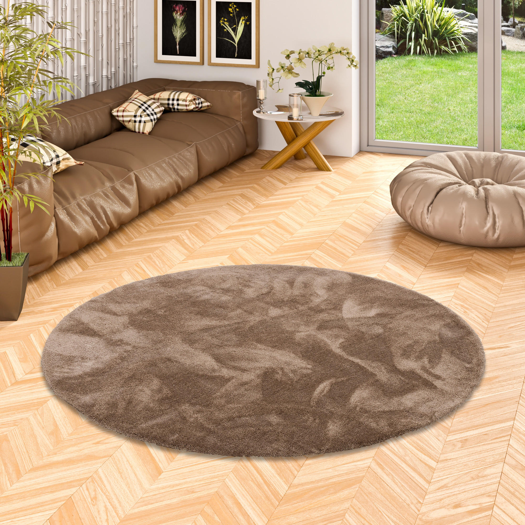 LUXUS HOCHFLOR SHAGGY TEPPICH VELVET RUND - Braun, Textil (100/100cm) - Snapstyle