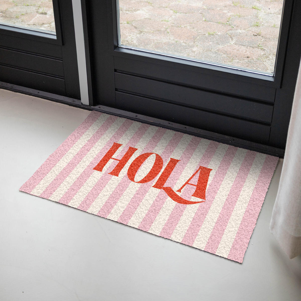 FUSSMATTE Hola - Zitat - Streifen - Pastell - Rosa - Rot - Weiß Schmutzfangmatte 90x60 cm - Rosa, Kunststoff (90/0.4cm) - MuchoWow