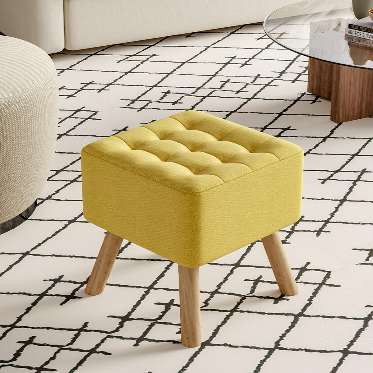 POLSTERHOCKER 39.5/39.5/40 cm Quadratisch Eichenholzbeine Leinen Gelb - Gelb/Naturfarben, Eichenholz/Holz (39.5/40/39.5cm) - Livingandhome