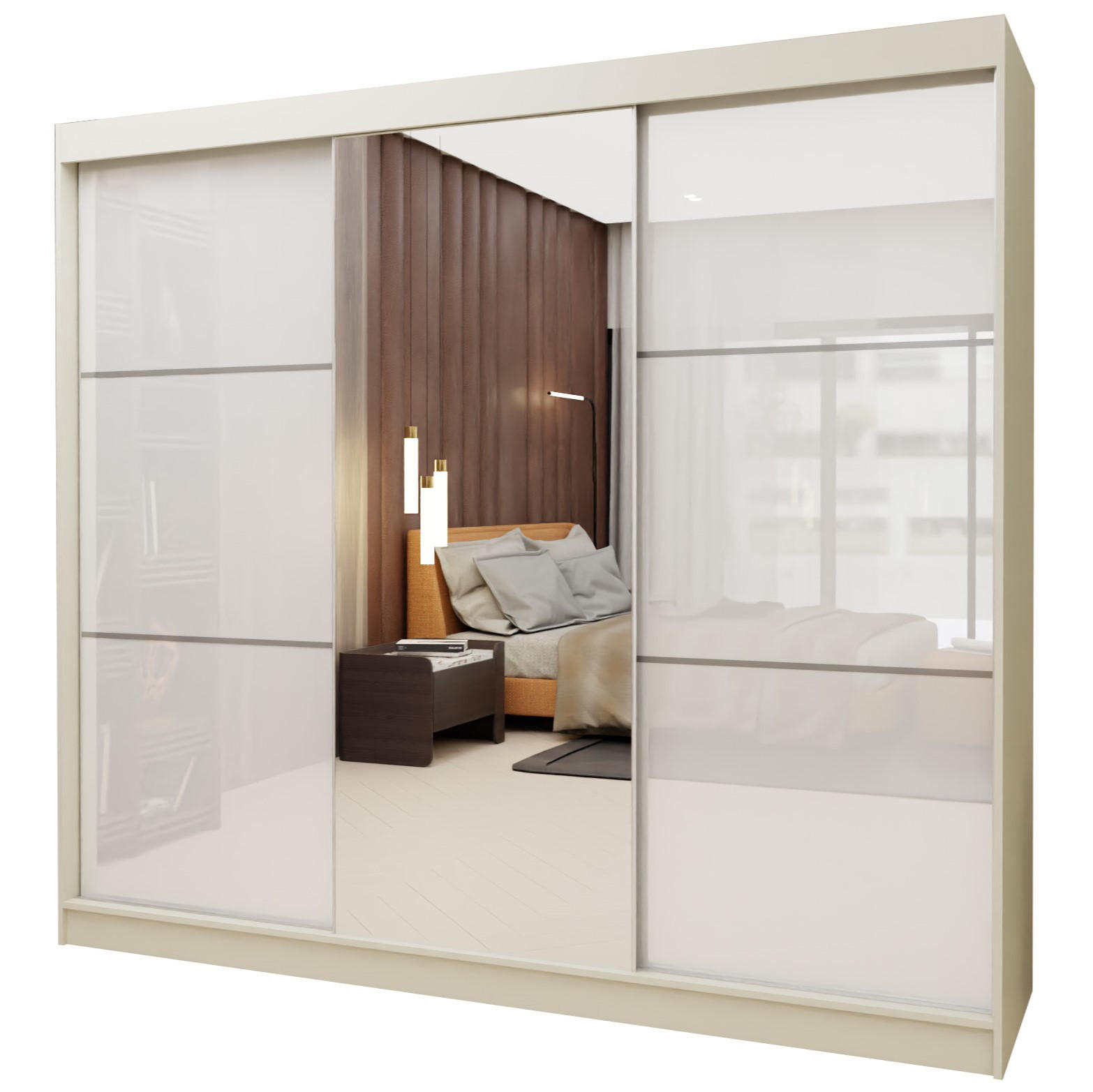 SCHWEBETÜRENSCHRANK Vena 240 cm mit Spiegel 3-türig, kaschmir, lacobel weiß - Kaschmir/Weiß, Holz/Kunststoff (240/216/61cm) - Margaret Hadas24
