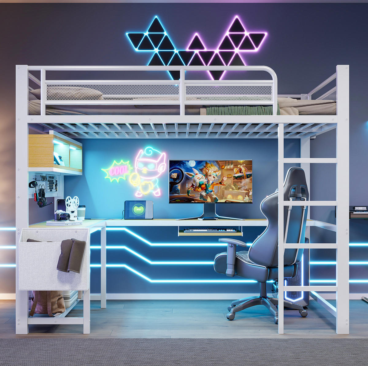 HOCHBETT 140/200 cm Weiß mit Schreibtisch, LED und USB - Weiß, Metall (140/200cm) - MIVRAY