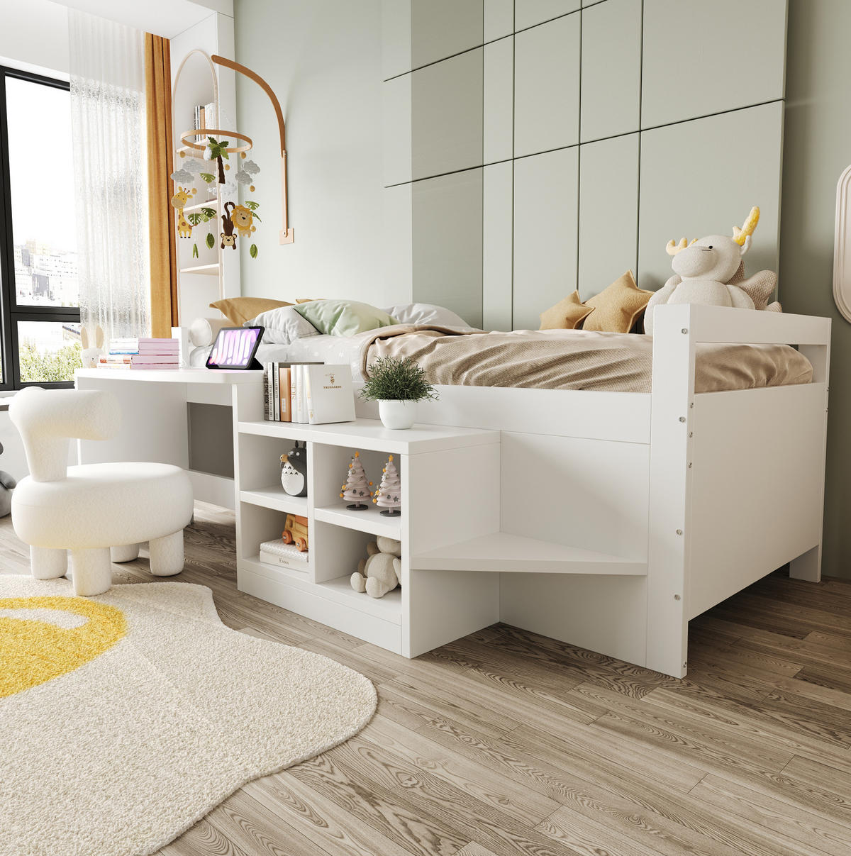 KINDERBETT aus Kiefernholz 90x200 cm Weiß mit Schreibtisch, USB-Anschlüssen, Steckdose und Stauraumschränken - Weiß, Holzwerkstoff (90/200cm) - Modfu