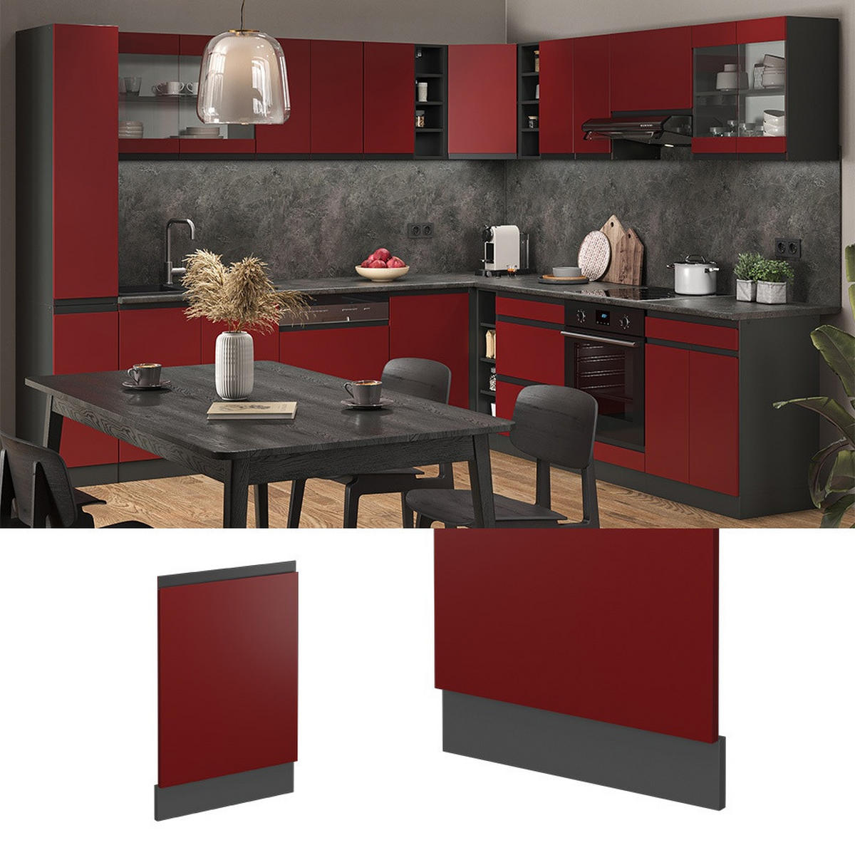 FRONTBLENDE R-Line Rot 44.6 cm J-Shape, ohne Arbeitsplatte - Anthrazit/Rot, Holzwerkstoff (45/67.4/1.6cm) - Vicco