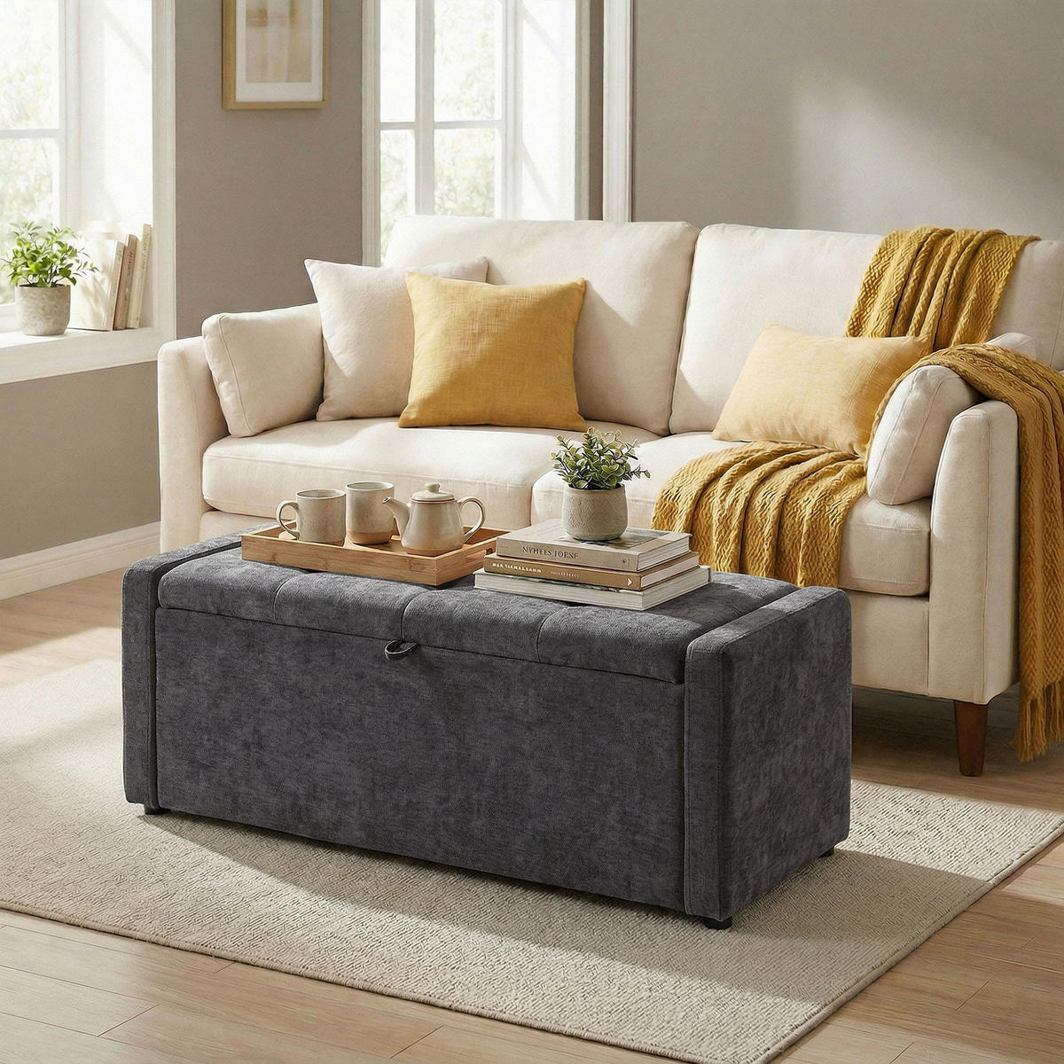 TRUHENBANK DE-16454 breit gepolstert mit Stauraum Dunkelgrau - Dunkelgrau, Textil (122/44/48cm) - ComfortXL