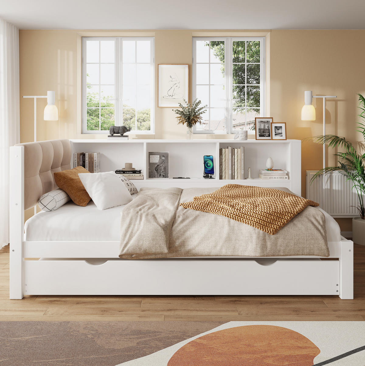 POLSTERBETT 90/200 cm Weiß aus Kiefernholz mit Ausziehbett - Weiß, Holz (90/200cm) - OKMYHOME