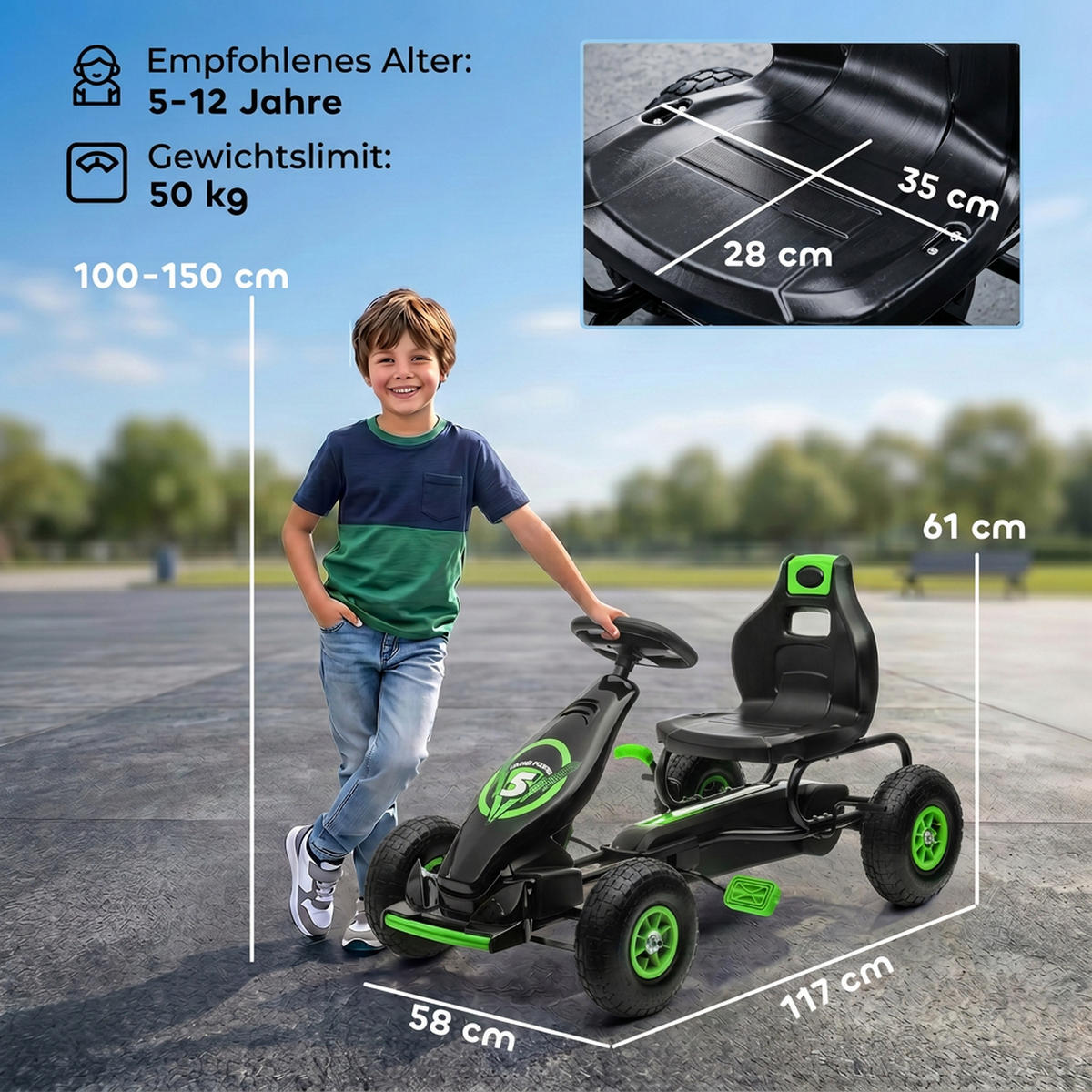 GOKART, Kinderfahrzeug mit verstellbarem Schalensitz, Tretauto, Grün+Schwarz - Grün, Metall (117/58/61cm) - HOMCOM