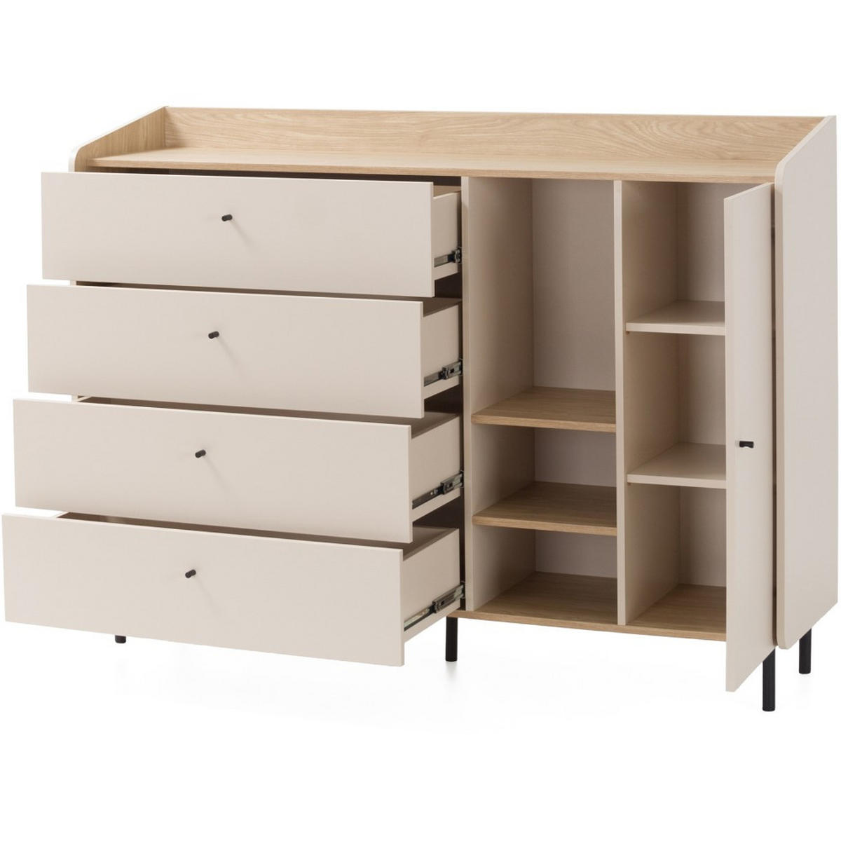 KOMMODE Alex mit 1 Tür und 4 Schubladen, Eukalyptus - Eukalyptusholzfarben/Schwarz, Holzwerkstoff (155/115/42cm) - Beautysofa