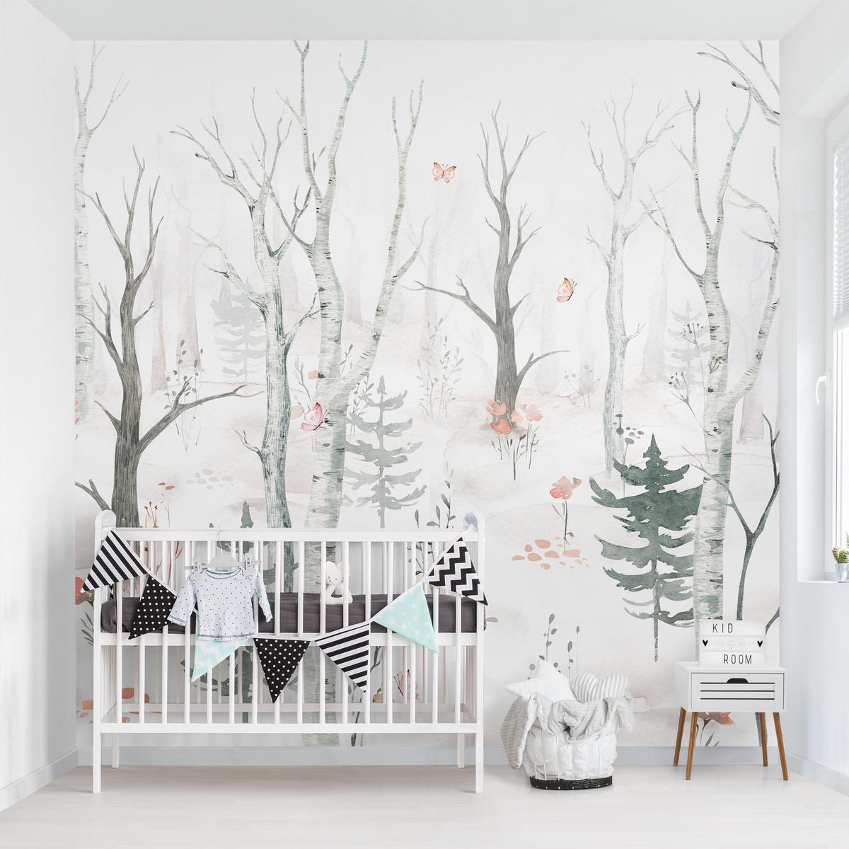 FOTOTAPETE Birkenwald mit Mohnblumen 192/192 cm - Eichefarben, Papier (192/192cm) - Bilderwelten