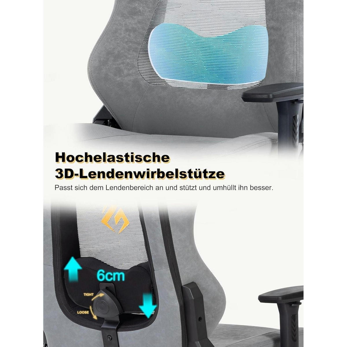 GAMING Stuhl mit atmungsaktiver Rückenlehne und 3D-Lendenwirbelstütze Grau - Grau, Kunststoff (54/135/58cm)