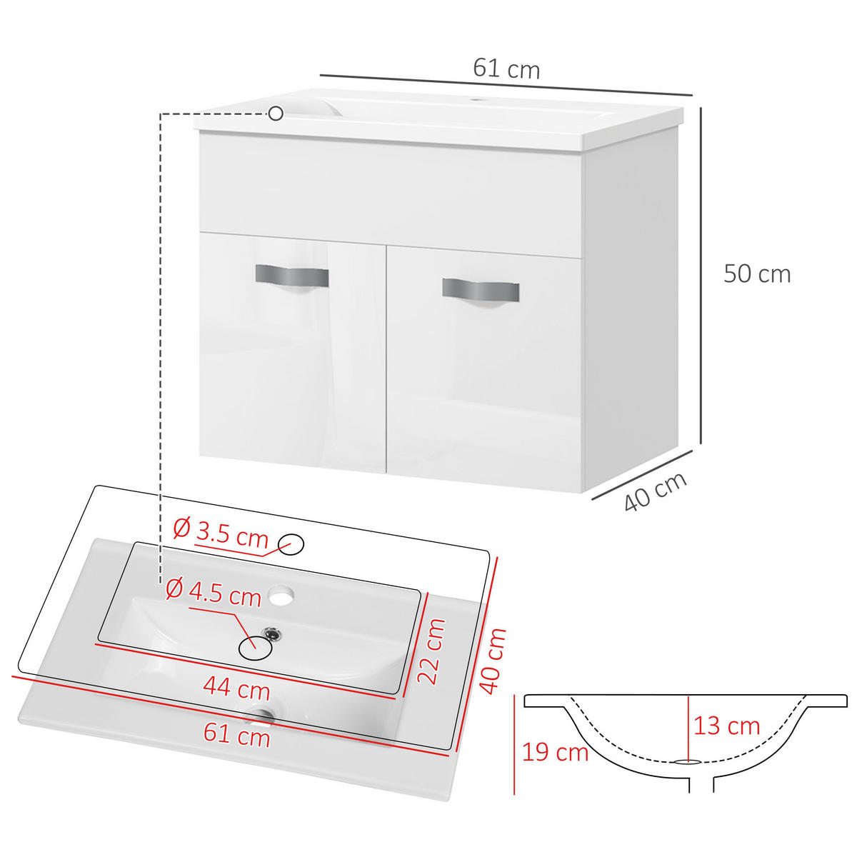 HÄNGESCHRANK Glänzend weiß 1 Stück - Weiß, Kunststoff (61/50/40cm) - GiPP