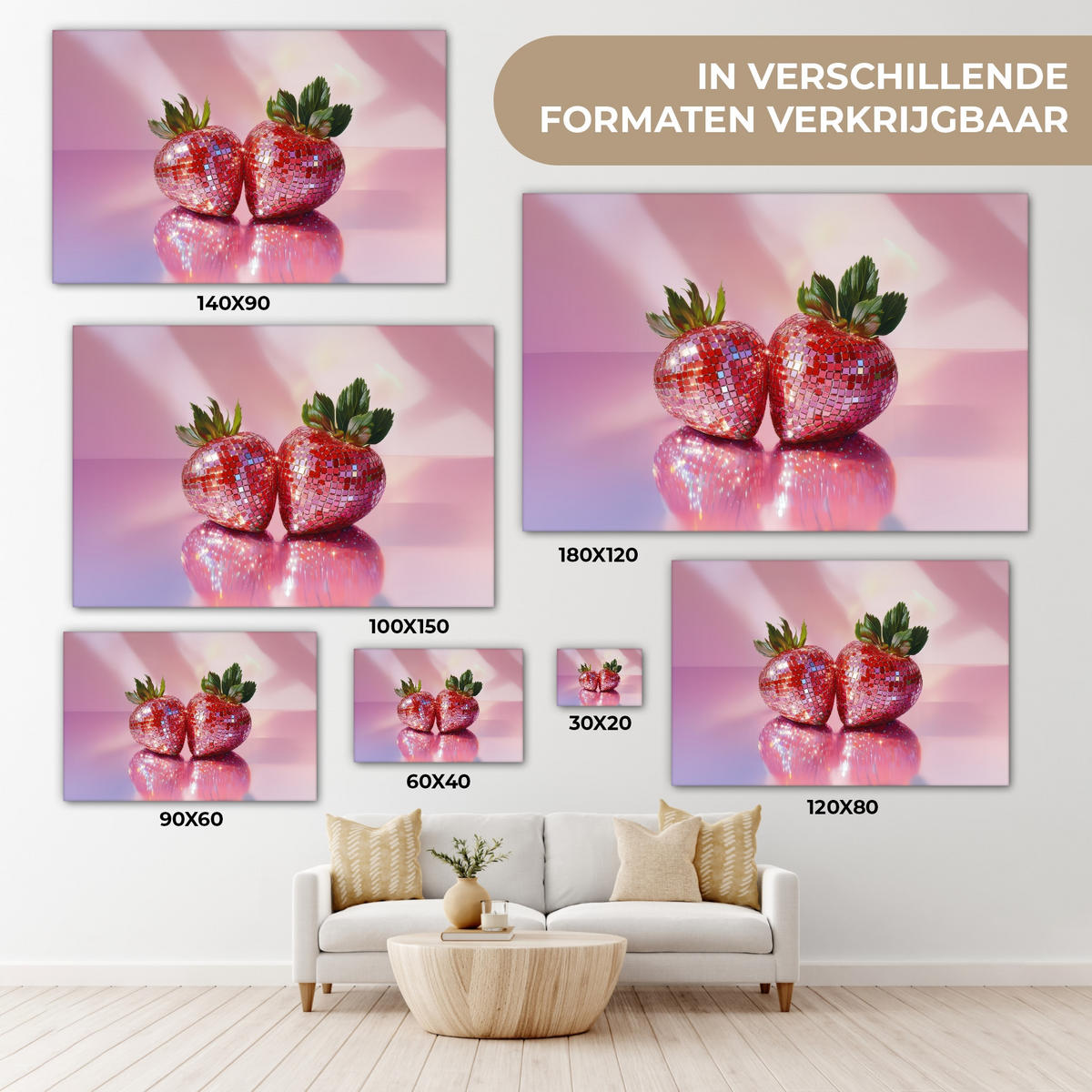 LEINWANDBILD Disco - Obst - Glitzer - Erdbeere Groß 140x90 cm - Pink, Textil (140/90cm) - MuchoWow