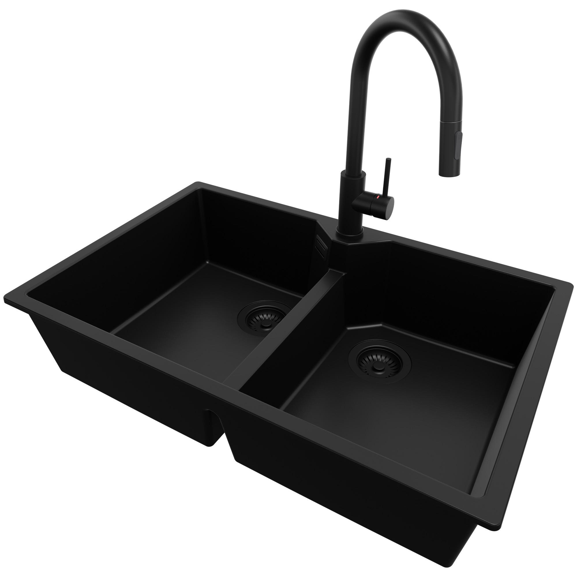 GRANITSPÜLE Madrid Twin, 2-er set Alles Schwarz 78/50 cm 2 Becken + Küchenarmatur 40/20 cm + Ablauf-Set ab 80er Unterschrank - Schwarz, Kunststoff (78/19/50cm) - Primagran
