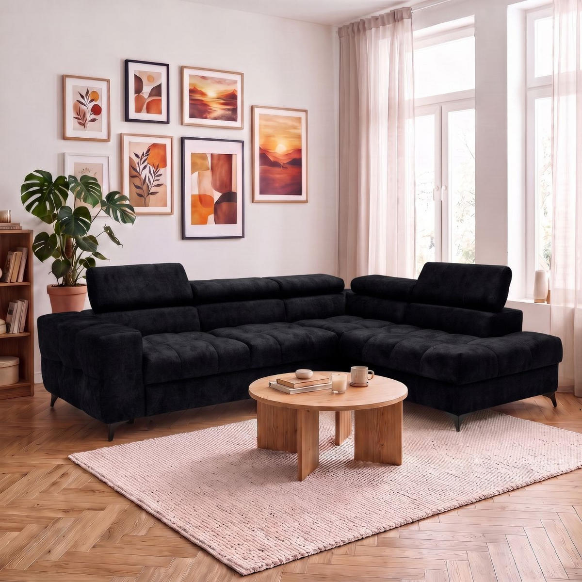 ECKSOFA PUDDING L Rechts mit Schlaffunktion 128x197 Velours Schwarz - Schwarz, Holz/Textil (204/270cm) - Muffo