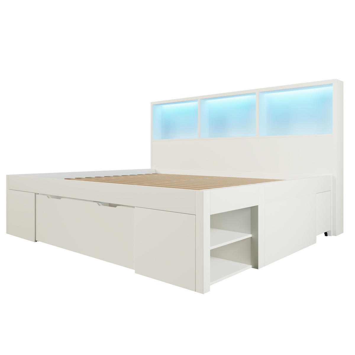 MANŽELSKÁ posteľ 140/190 cm biela z dreva s LED osvetlením USB a 2 pohyblivými nočnými stolíkmi - biela, kompozitné drevo (140/190cm) - OKWISH