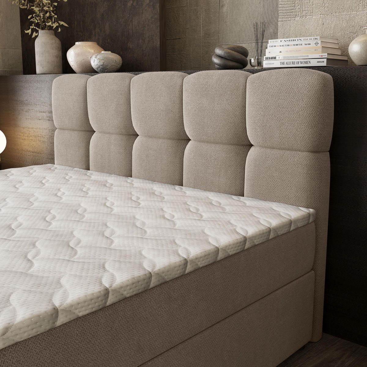 BOXBETT BRUME 140x200 cm mit Matratze und Topper, H2+H3 - Beige - Beige, Holz (140/200cm) - MASSENO