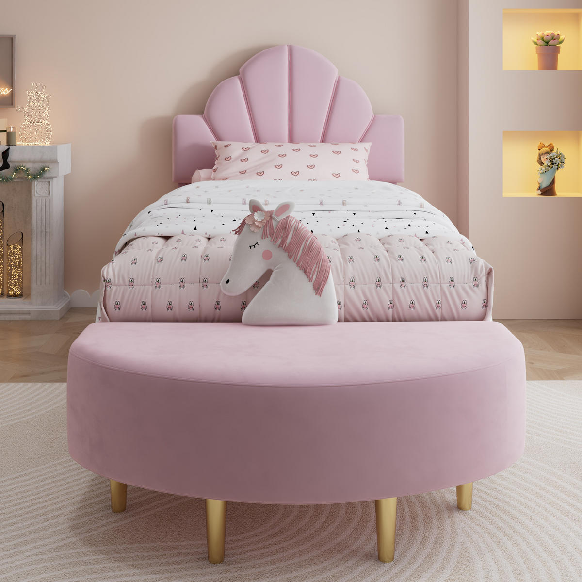 POLSTERBETT 90/200 cm Rosa mit Samtkopfteil und Bettbank - Rosa, Textil (90/200cm) - OKWISH