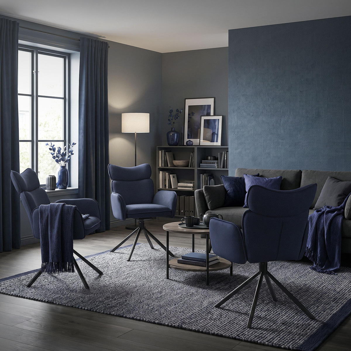 ESSZIMMERSTÜHLE 2er Set drehbar Dunkelblau mit Stoffbezug - Schwarz/Dunkelblau, Textil/Metall (63/89/68cm) - ML-DESIGN